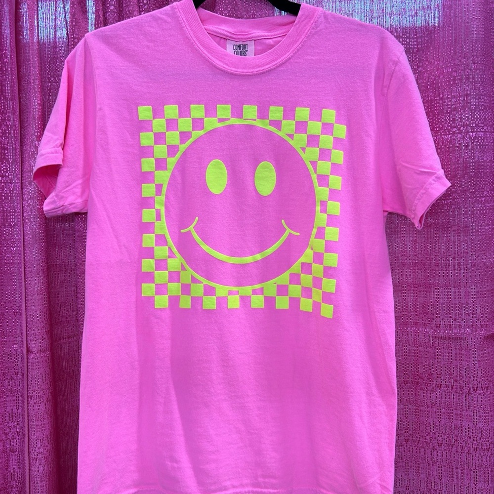 Comfort Colors Pink and Yellow Retro Smiley Tee